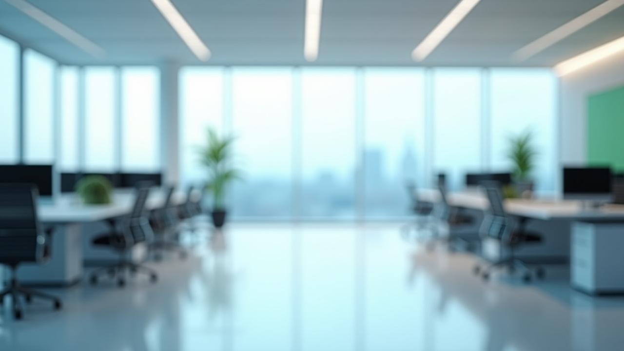 Modern, clean London office space at dawn ready for the workday