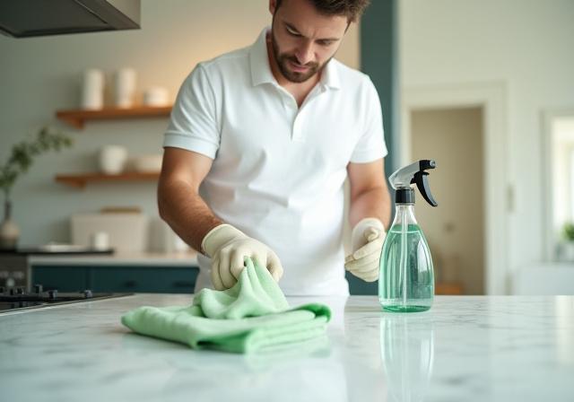 Professional cleaner using eco-friendly products in a bright London apartment